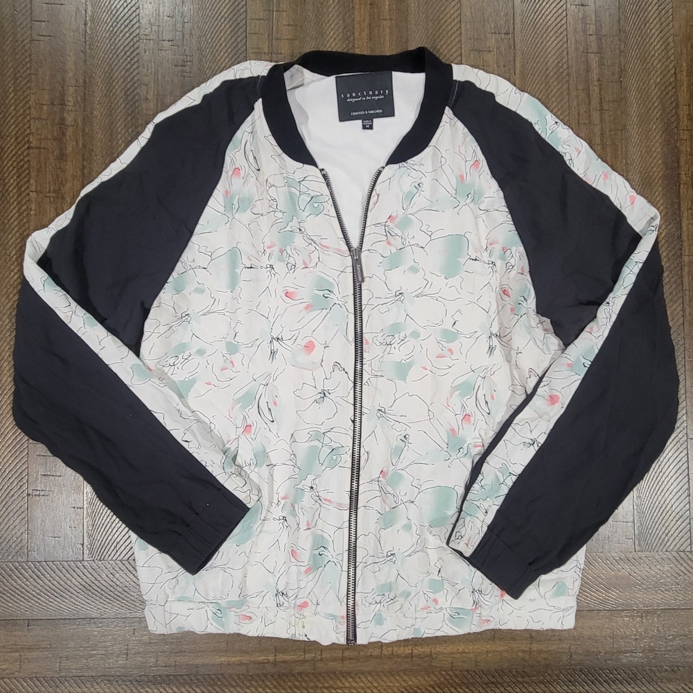 Sanctuary Floral Print Bomber Jacket with Black Raglan Sleeves size medium